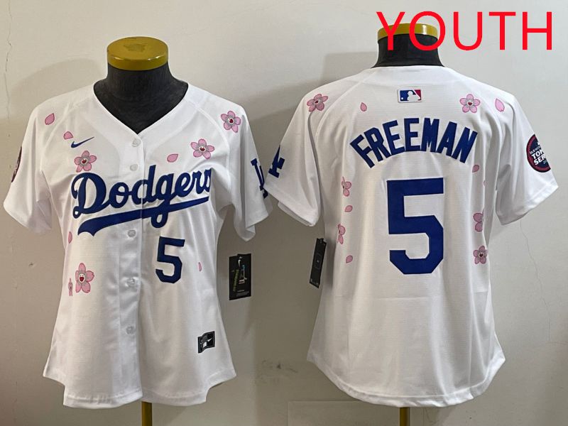 Youth Los Angeles Dodgers #5 Freeman White Sakura Edition 2025 Nike MLB Jersey style 8